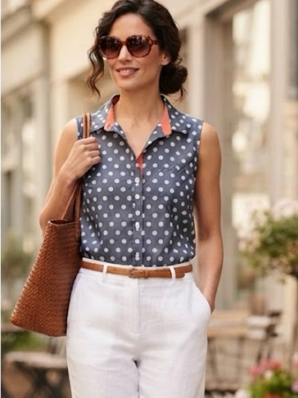 Laura Blue Polka Dot Sleeveless Blouse Coral Orange Trim Lightweight Breathable